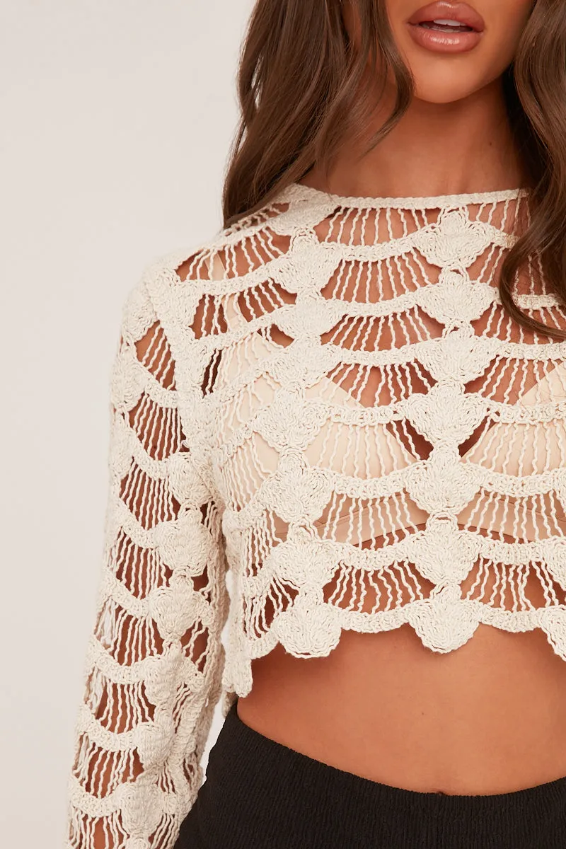 Beige Crochet Long Sleeve Cropped Top - Ida