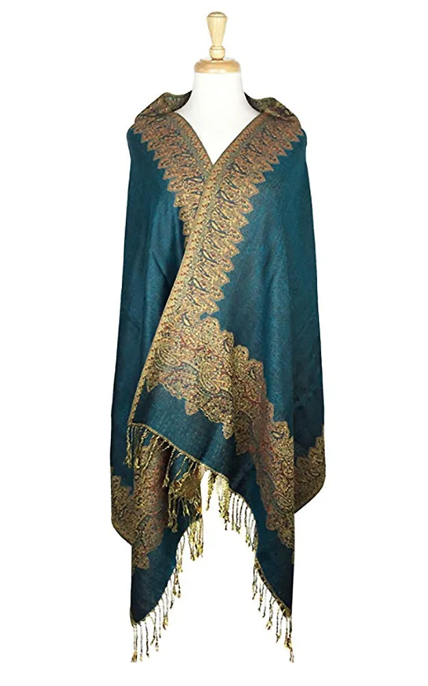 DB003-05 Teal Border Print Pashmina Scarf