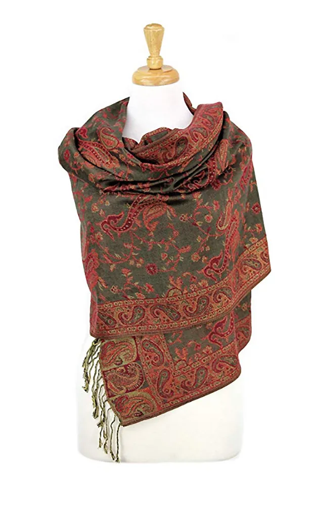 DB023-23 Dark Olive Paisley Print Pashmina Scarf