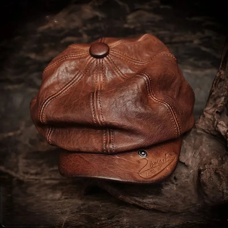 Genuine Leather Octagonal Cap Distressed Beret