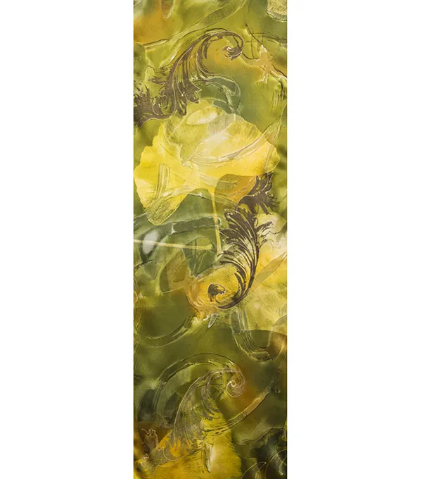 Hand-painted ginkgo silk scarf, green/gold