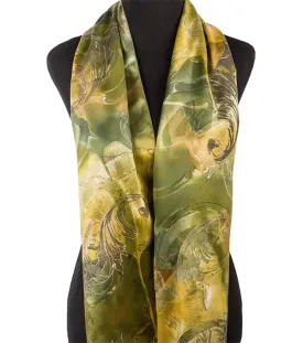 Hand-painted ginkgo silk scarf, green/gold