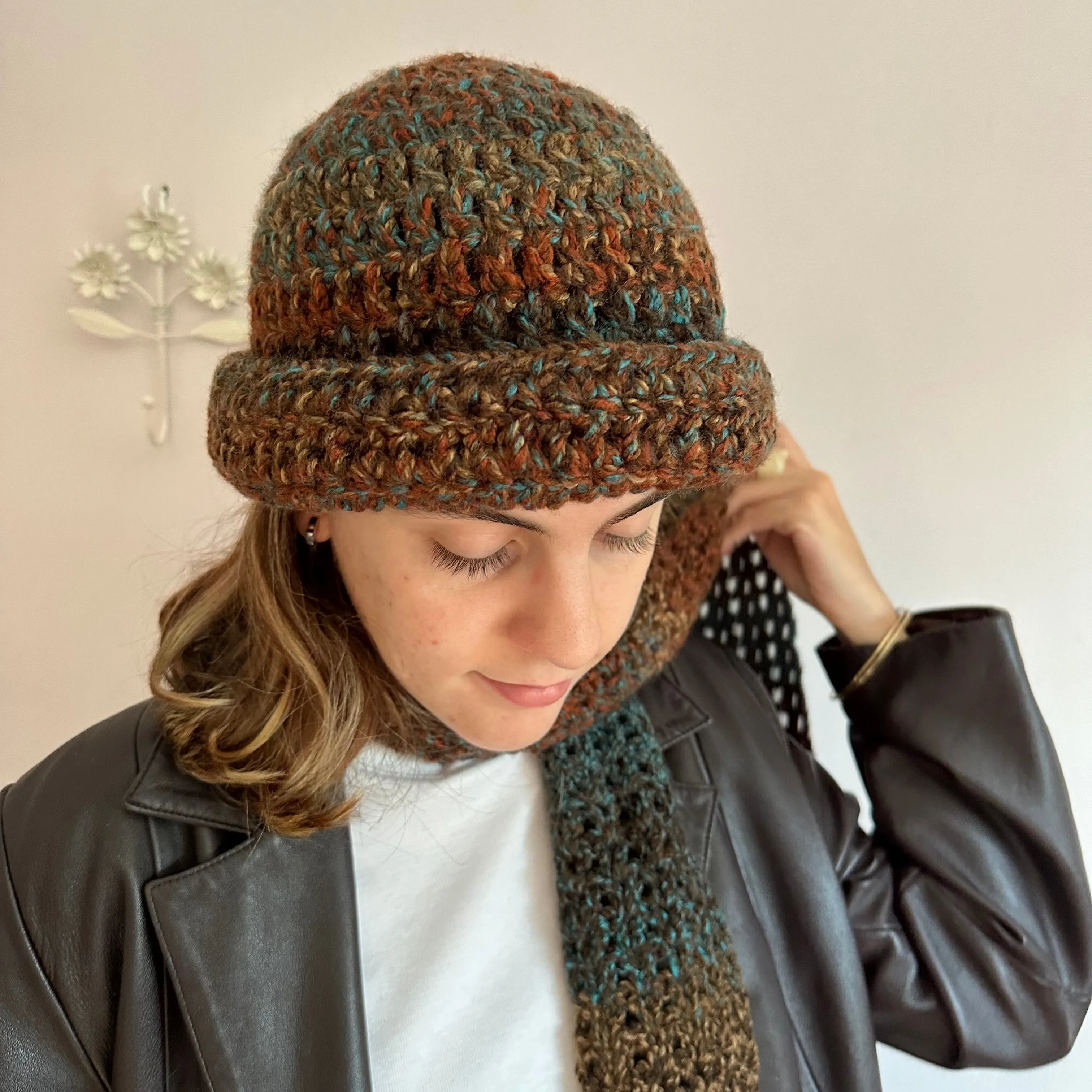 Handmade blue and brown chunky crochet bowler hat