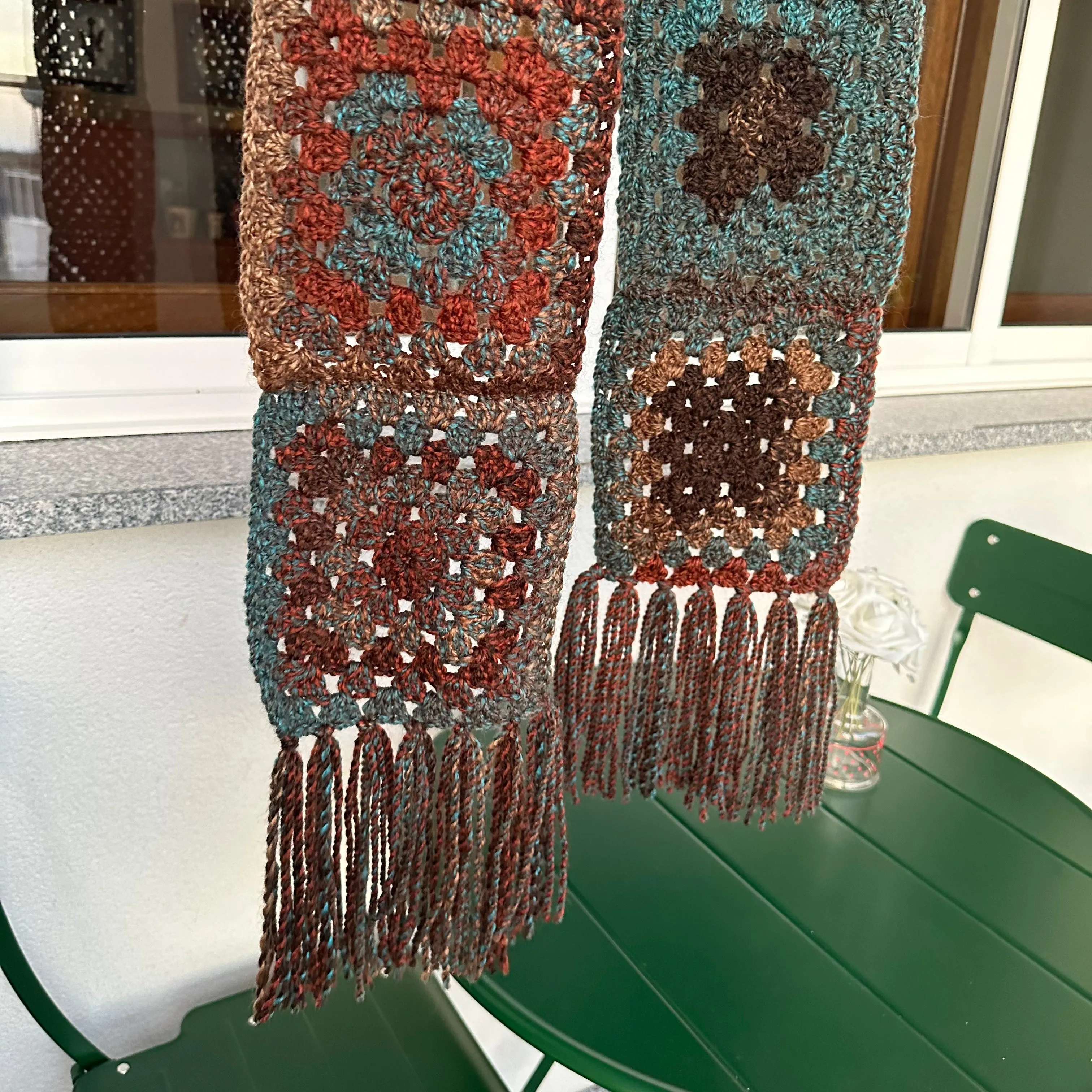 Handmade brown and blue tassel crochet scarf