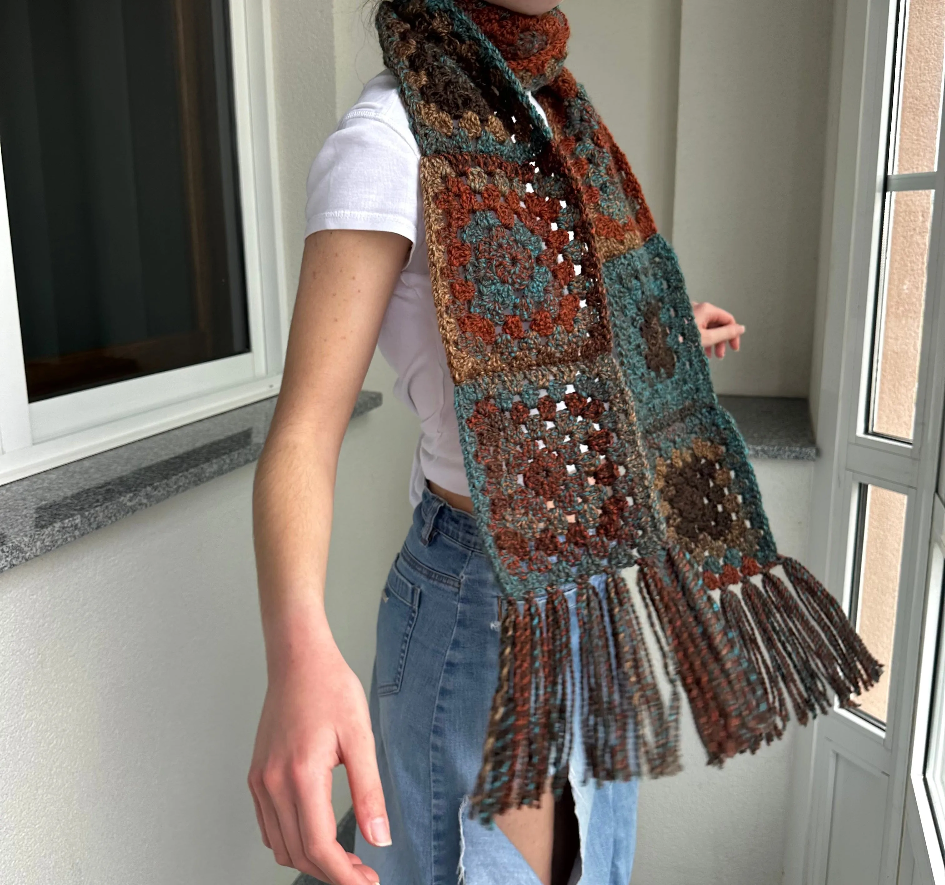 Handmade brown and blue tassel crochet scarf