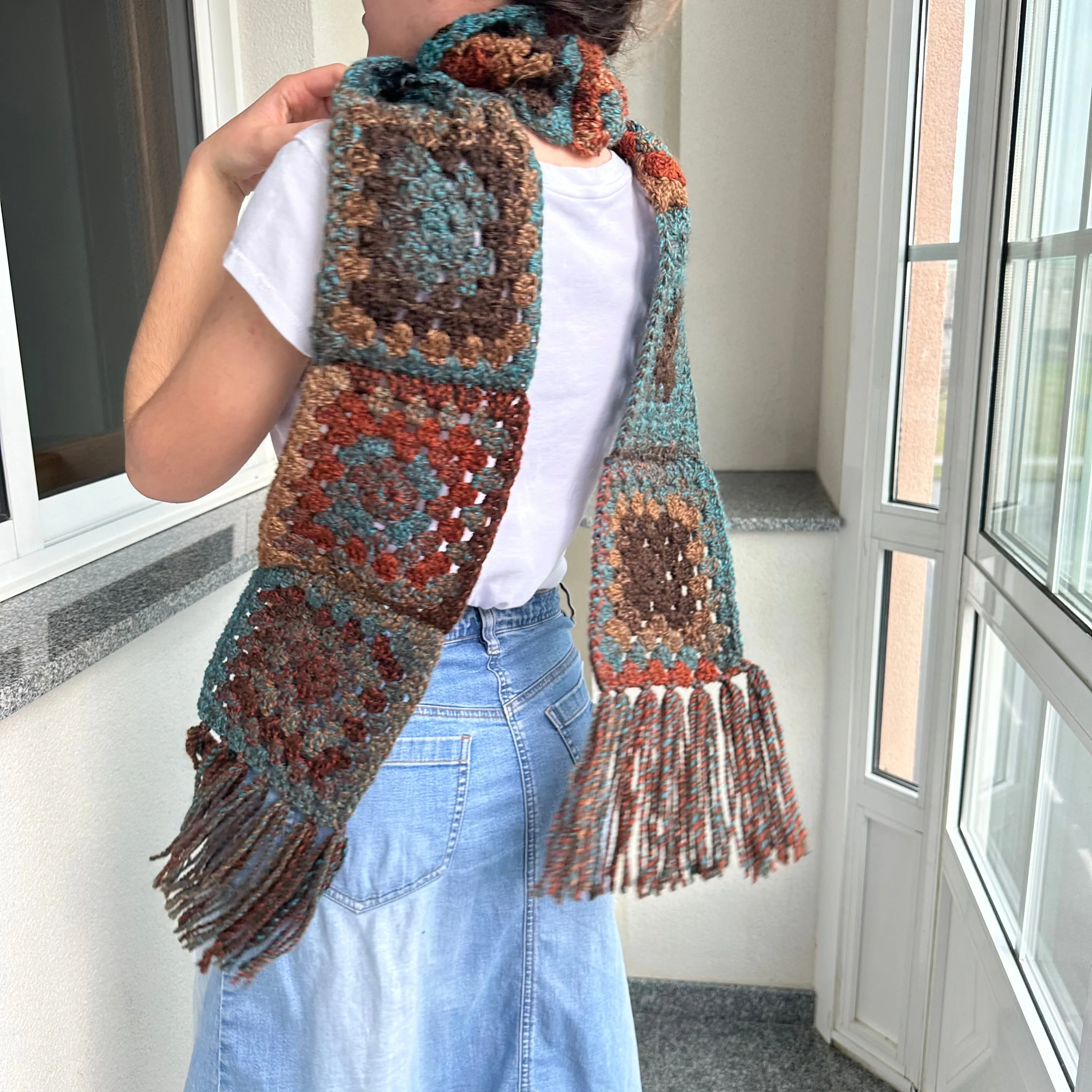 Handmade brown and blue tassel crochet scarf