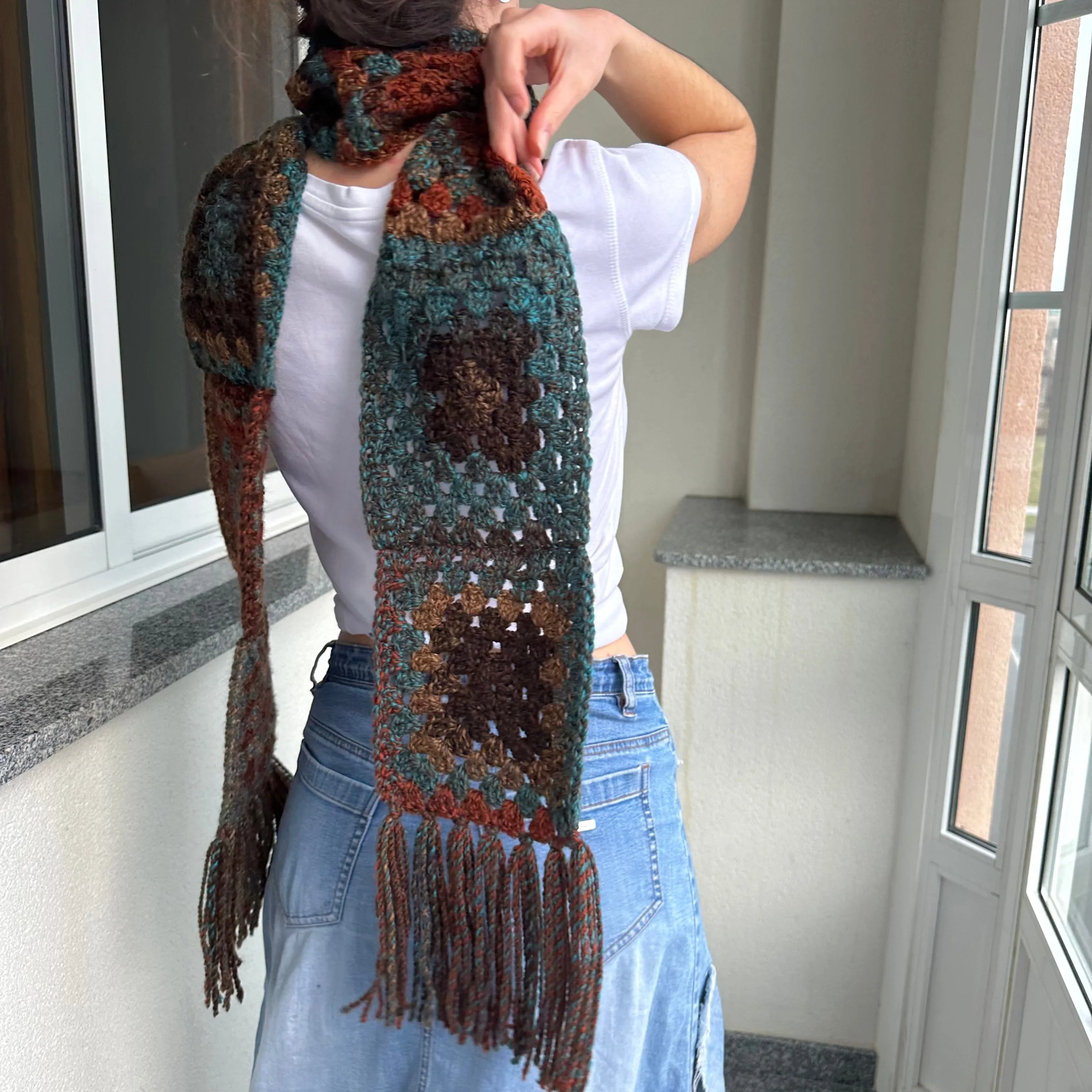 Handmade brown and blue tassel crochet scarf