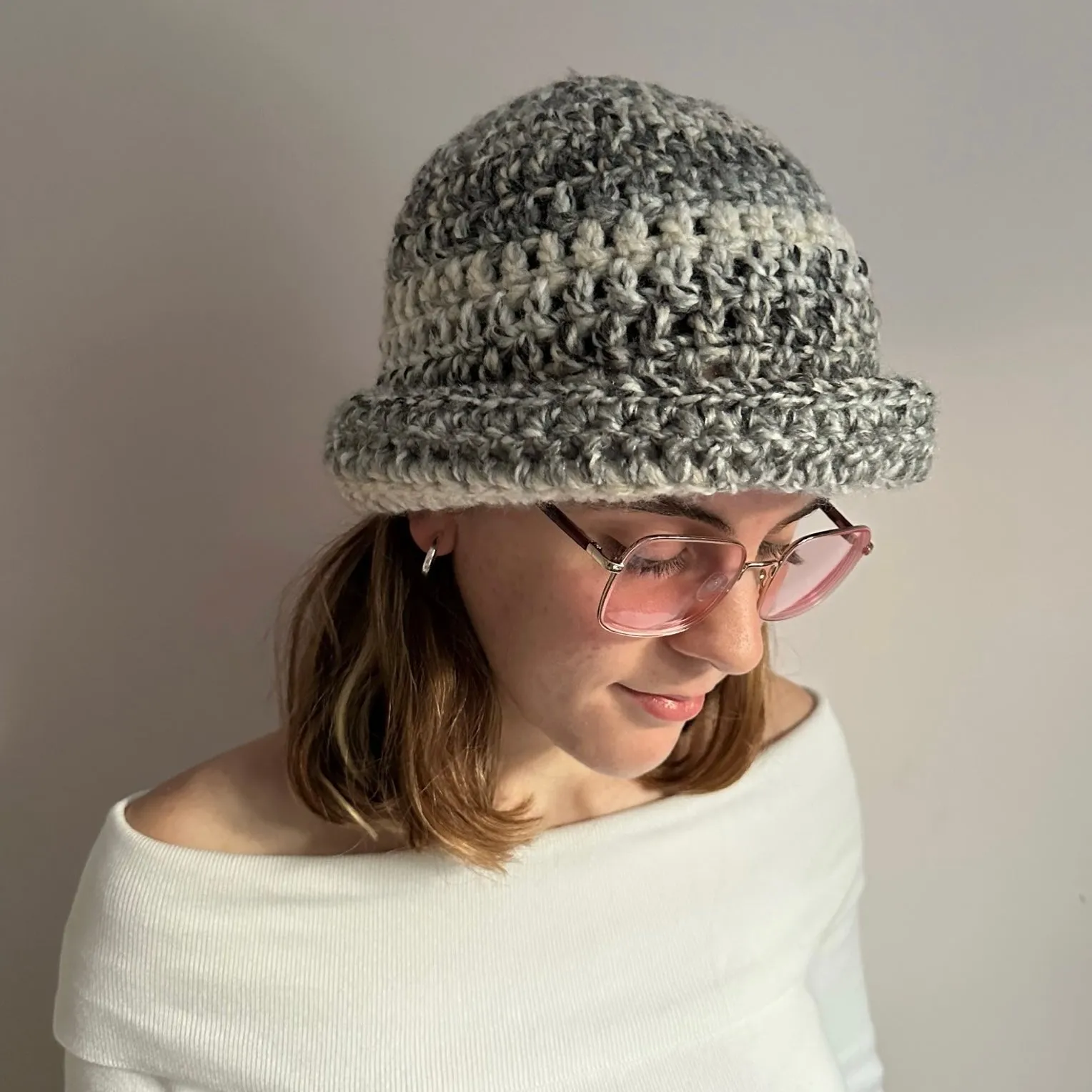 Handmade grey and cream chunky crochet bowler hat