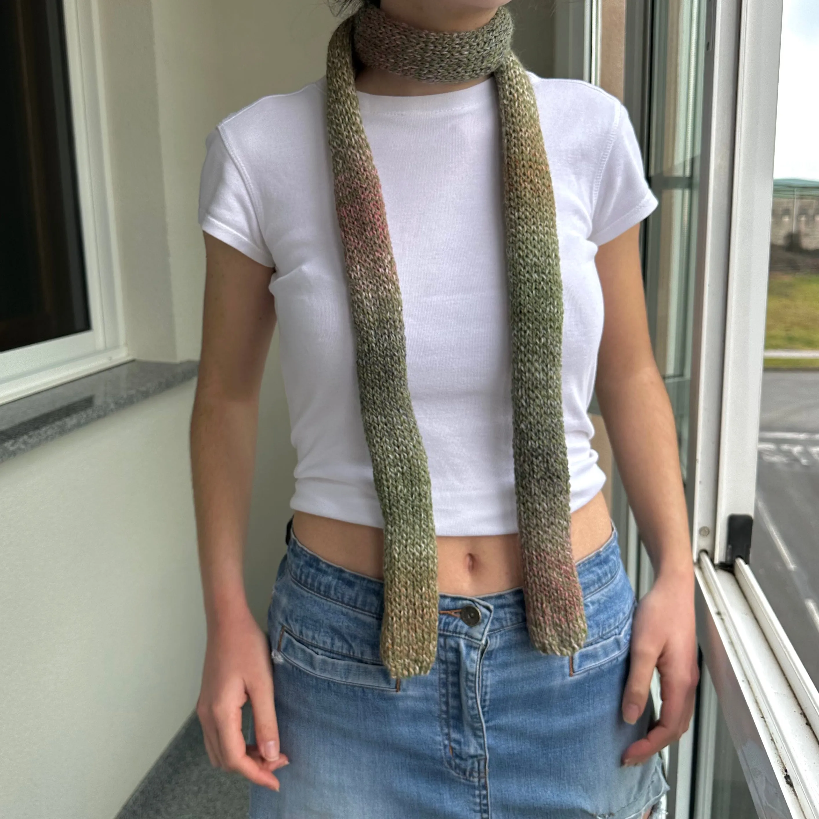 Handmade knitted ombré skinny scarf in dusky pink and green