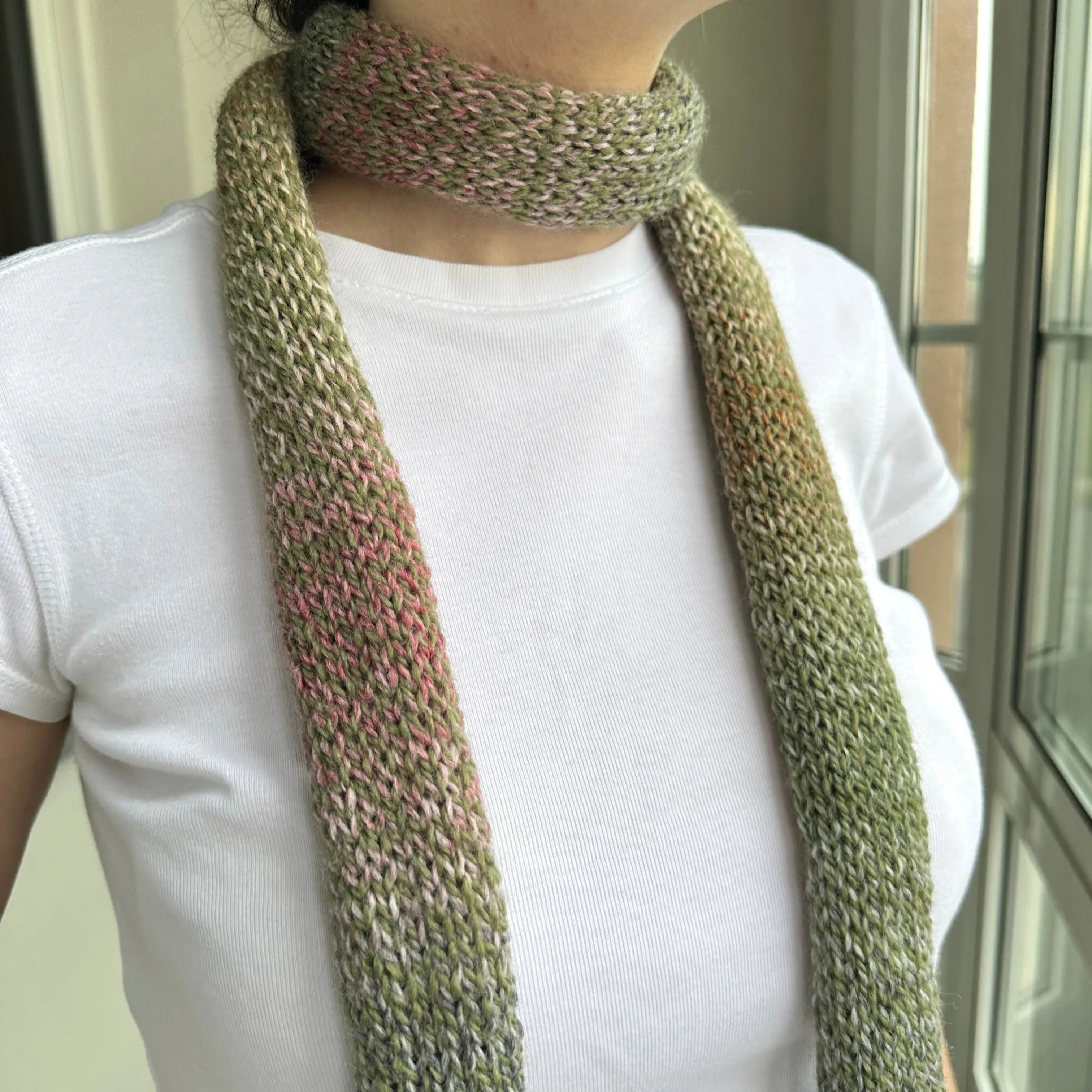 Handmade knitted ombré skinny scarf in dusky pink and green