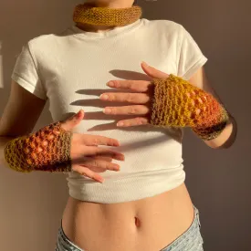 Handmade ombré crochet fishnet hand warmers in earth tones