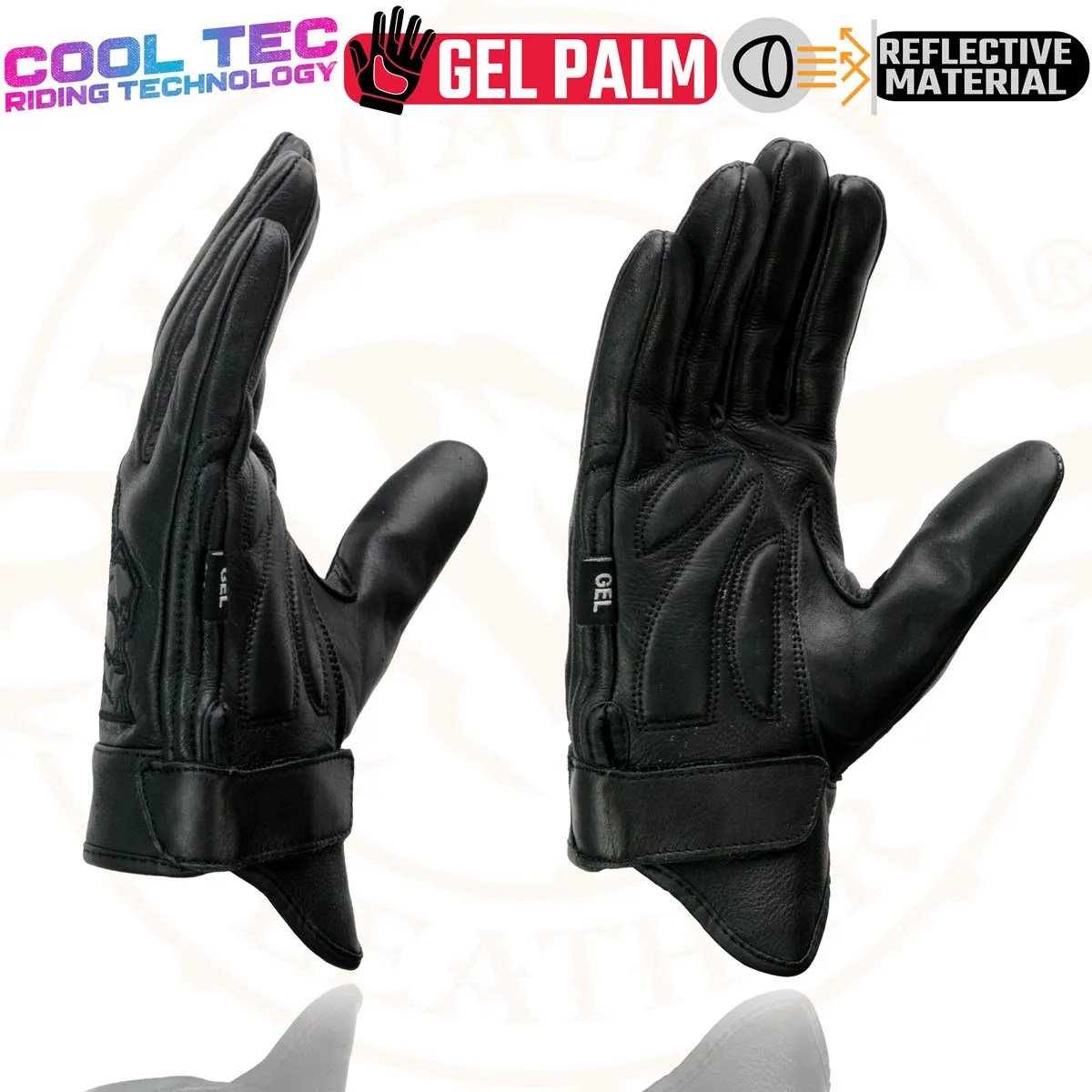 Milwaukee Leather MG7571 Men's Black ‘Col-Tec’ Leather ‘Reflective Skull’ Motorcycle Hand Gloves W/ Gel Padded Palm