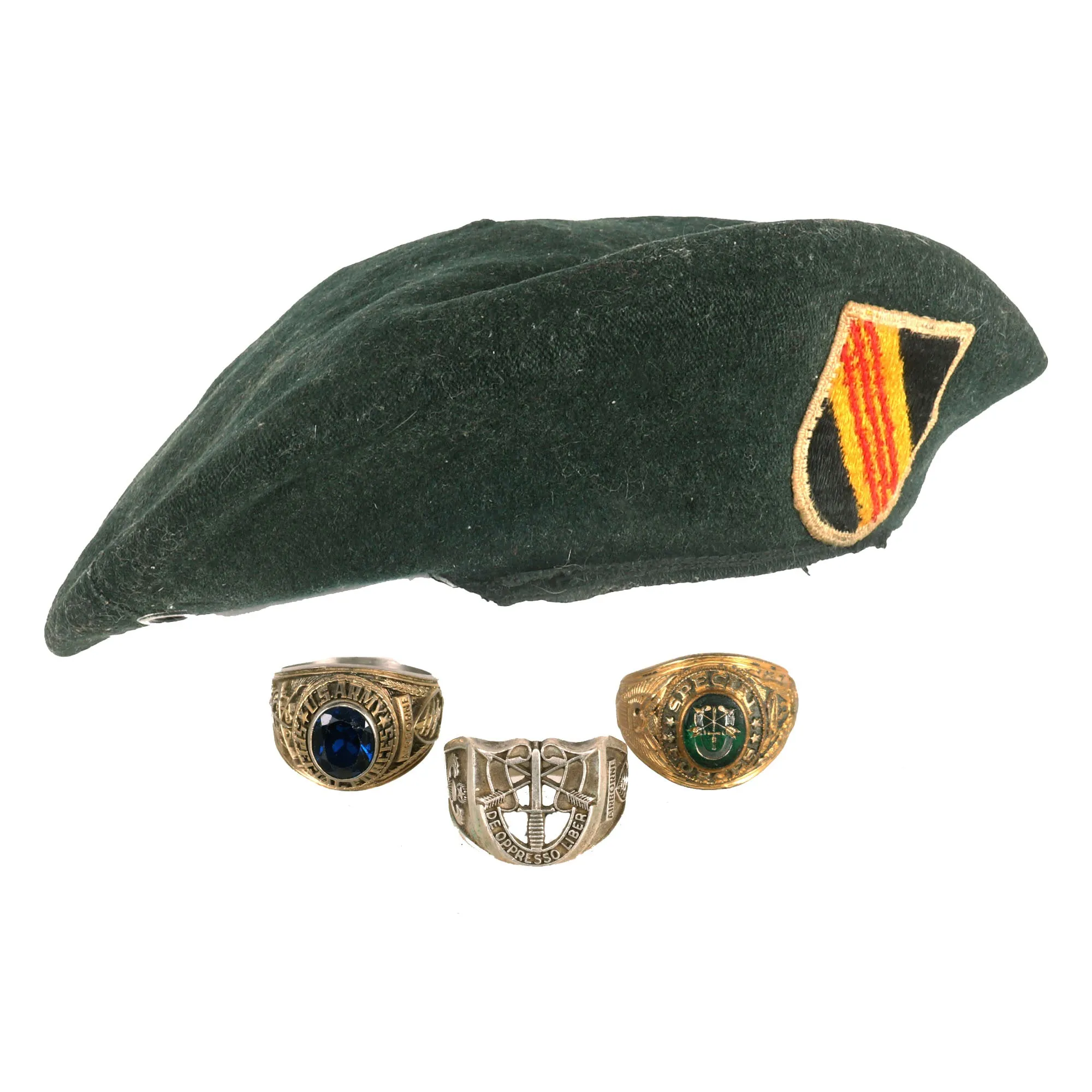 Original U.S. Vietnam War Era 5th Special Forces Group SFG Airborne Green Beret with Flash and (3) SF Rings - Ring Sizes 14 US / Z 3 UK