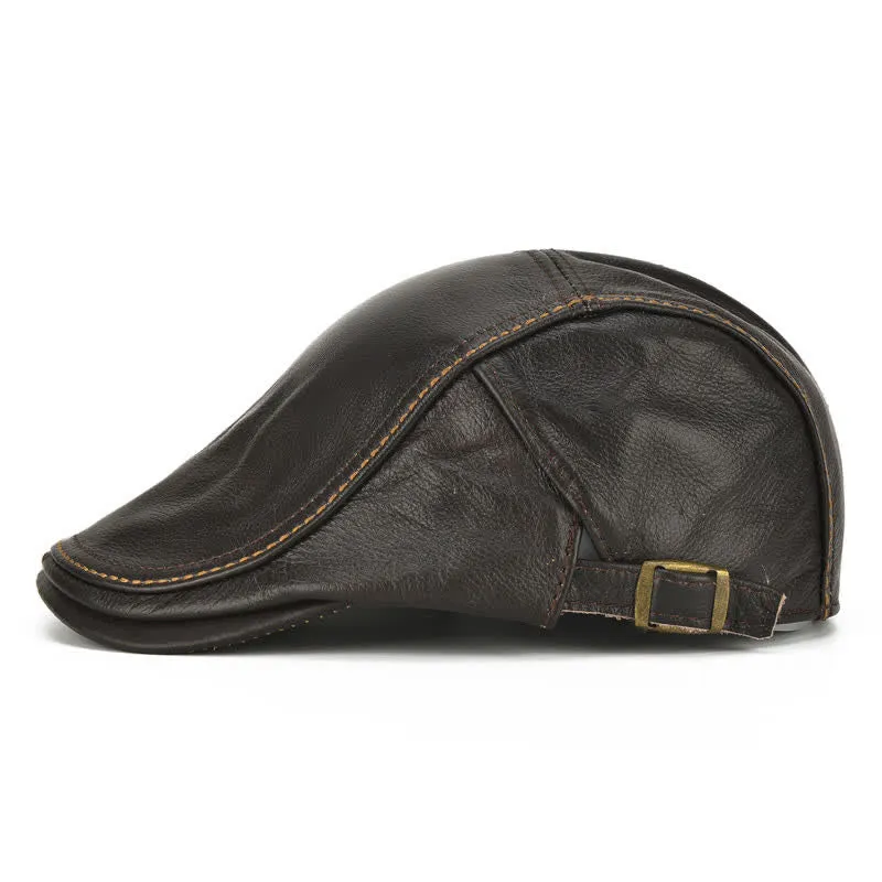 Peaked Cabbie Flat Cap Genuine Leather Beret Hat