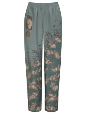 "The Floating Rabbits" Silk Marocain Lounge Trousers Cameo/Rice