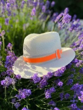 Summer Straw Fedora with Orange & Beige Ribbon